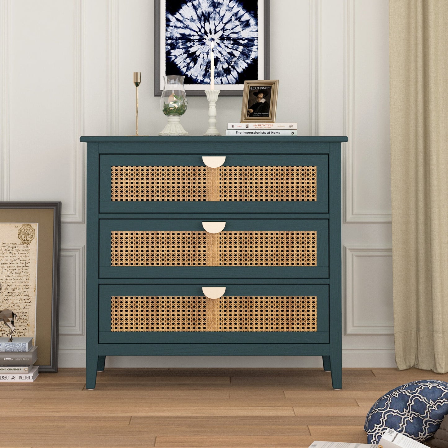 3-Drawer Dresser with Rattan Decorated Chest, 30.71" H Modern Accent Storage Cabinet with Metal Handle, Free Standing Sideboard for Bedroom Living Room and Study. Green