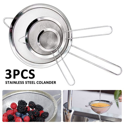 Hvxrjkn Set Of 3 Stainless Steel Fine Mesh Strainers, Strainer, Wire Sieve Sifter With Insulated Handle For Kitchen Gadgets Tools Tea Coffee Powder Fry Juice Rice Vegetable Fruit Etc