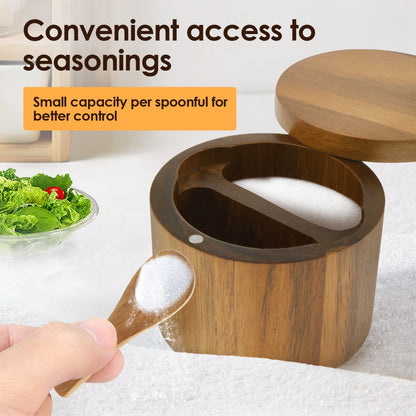 Txkrhwa 2 Compartments Acacia Wood Salt Bowl, Round Salt Cellar with Built in Spoon and Magnetic Swivel Lid, Kitchen Salt Holder for Storing Salt Pepper Sugar Spice
