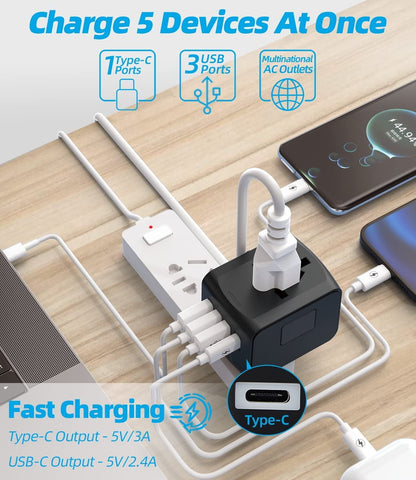 Universal Travel Adapter, Meromore European Travel Plug Adapter with Type C, Black