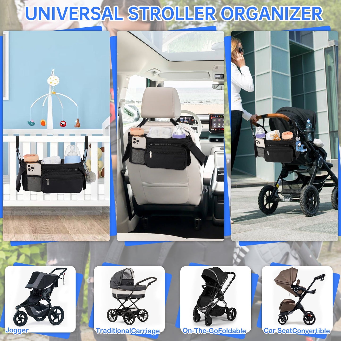 FVLOENG Stroller Organizer Insulated Cup Holder Detachable Phone Bag and Shoulder Strap Baby Jogger Caddy Accessories, Universal Fits for All Stroller