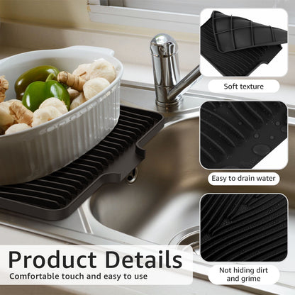 Tysrjsv Silicone Dish Drying Mat with Raised Drain 16x12 inche Lip Nonslip Dish Drain Mat Heat Resistant Reusable Dish Draining Board Silicone Drying Pad for Kitchen Counter Home (Black)