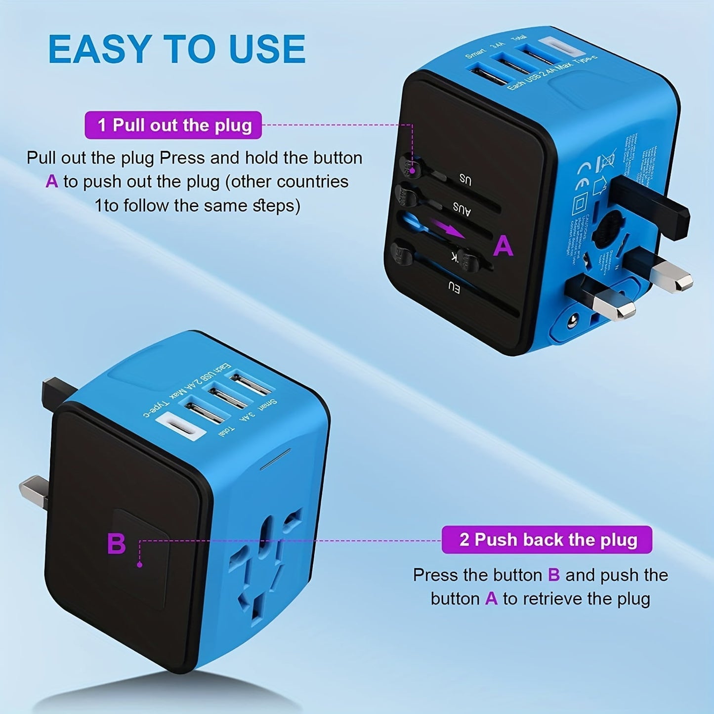 Universal Travel Adapter, Meromore European Travel Plug Adapter with Type C, Blue