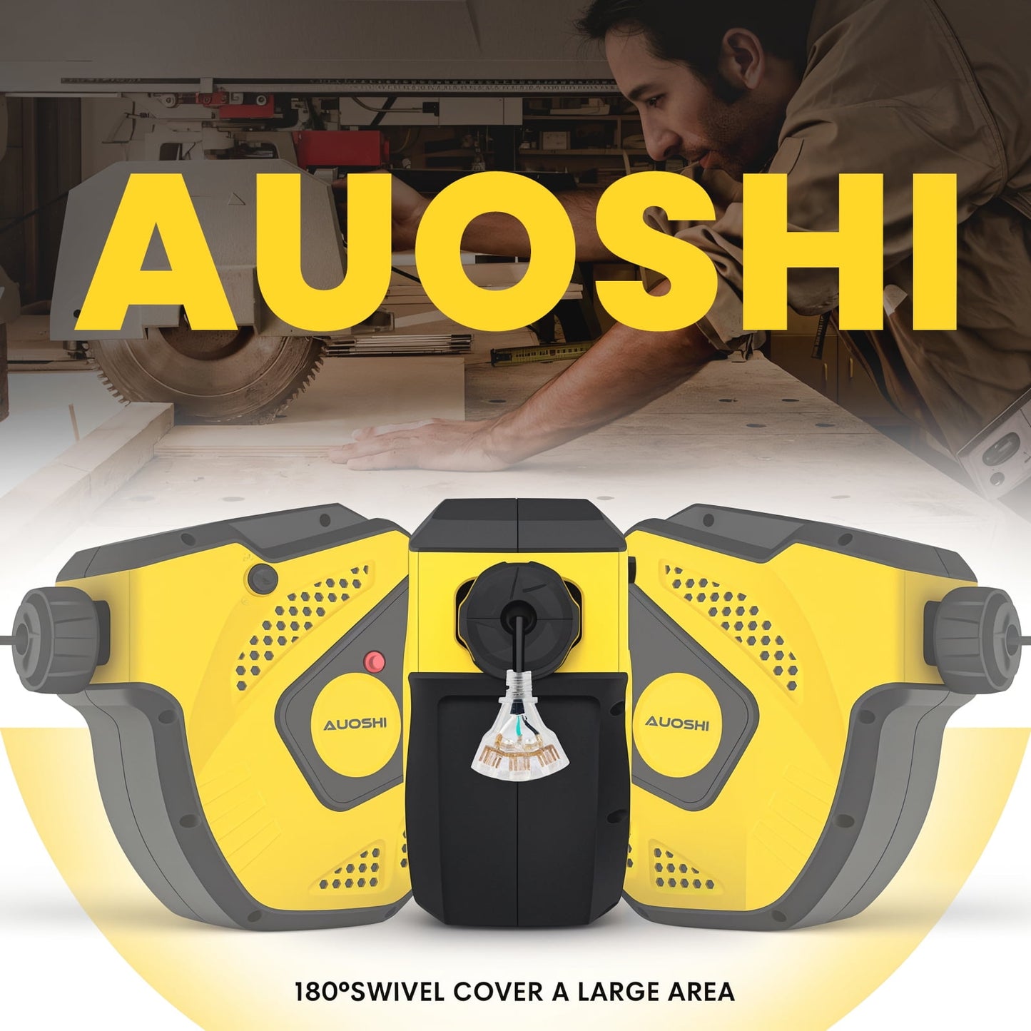 AUOSHI Retractable Extension Cord Reel 50ft Power Cord Storage Reel 14AWG/3C SJTOW Power Cord 4FT Lead-in Cord, Wall/Ceiling Mounted Extension Cord Reel with 3 Triple Tap Grounded Outlets