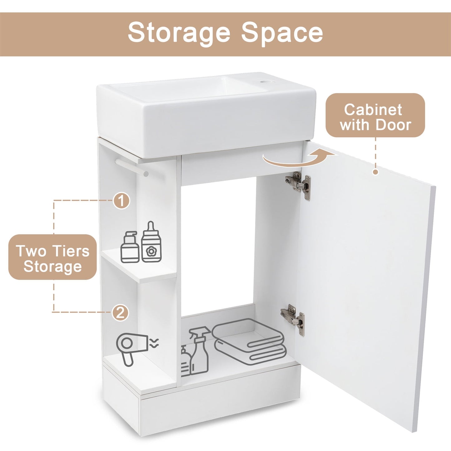 Bathroom Vanity with Sink, Modern Floor-Standing Small Bathroom Vanity with 2-Tier Shelf and Toilet Paper Holder, Batheroom Sink Cabinet with MDF Board for Batheroom