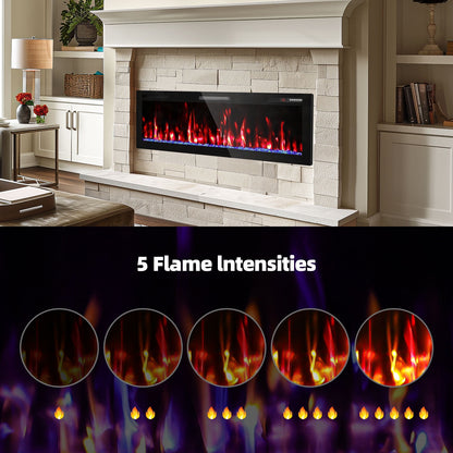 BREEZEHEAT 60 inch Electric Fireplace in-Wall Recessed and Wall Mounted Fireplace Heater,Linear Fireplace with Multicolor Flame,Timer,Low Noise,750/1500W,Remote Control