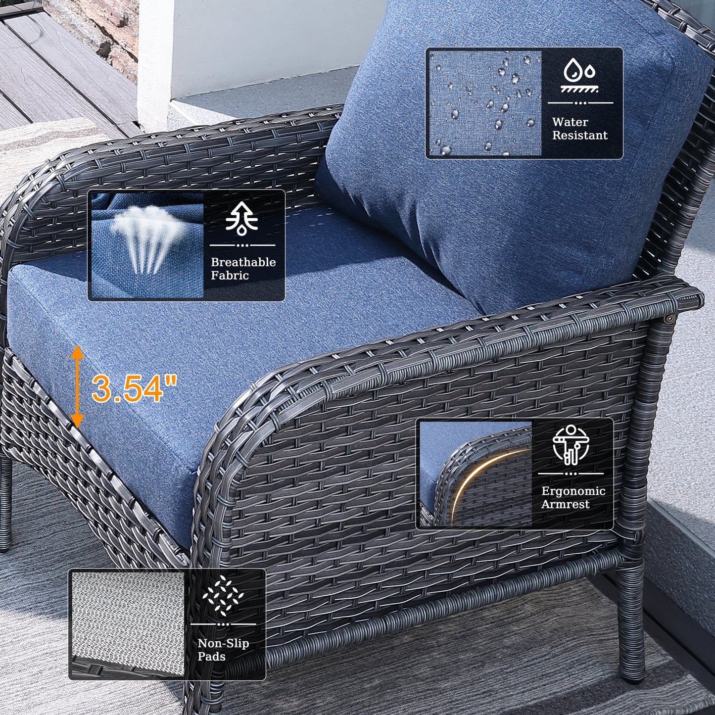 Vcatnet 5 Pieces Outdoor Patio Furniture All-weather Wicker Conversation Set with Fire Pit Table for Garden,Poolside,Denim blue