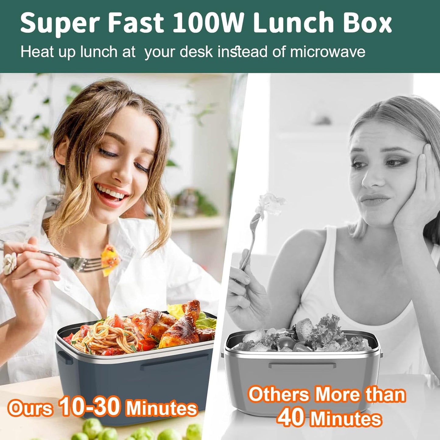Electric Lunch Box Food Heater for Work-100W,3-IN-1 Fast Heating Lunch Boxes Portable Food Heater for Adults,12V/24V/110V 1.5L Lunch Box with Leak-Proof Lid for Car Truck Office (3 Times Faster)