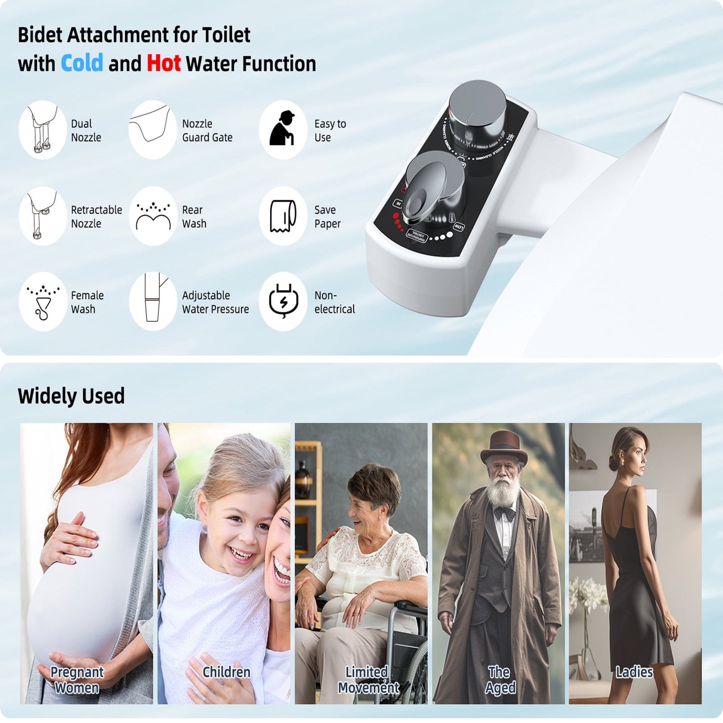 Bidet Attachment for Toilet, Hot and Cold Water Spray Non-Electric Dual Nozzle for Frontal & Rear Wash, Adjustable Water Pressure Control, Self Cleaning Water Sprayer, Black/Chrome