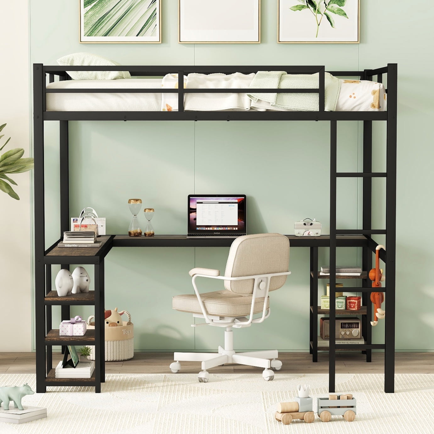 Full Size Loft Bed with Desk and 6 Storage Shelves for Kids Teens Adult, Metal Bed Frame with L-Shaped Desk and Ladder, Noise Free & Space-Saving Design, No Box Spring Needed, Black