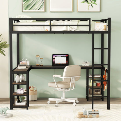 Full Size Loft Bed with Desk and 6 Storage Shelves for Kids Teens Adult, Metal Bed Frame with L-Shaped Desk and Ladder, Noise Free & Space-Saving Design, No Box Spring Needed, Black