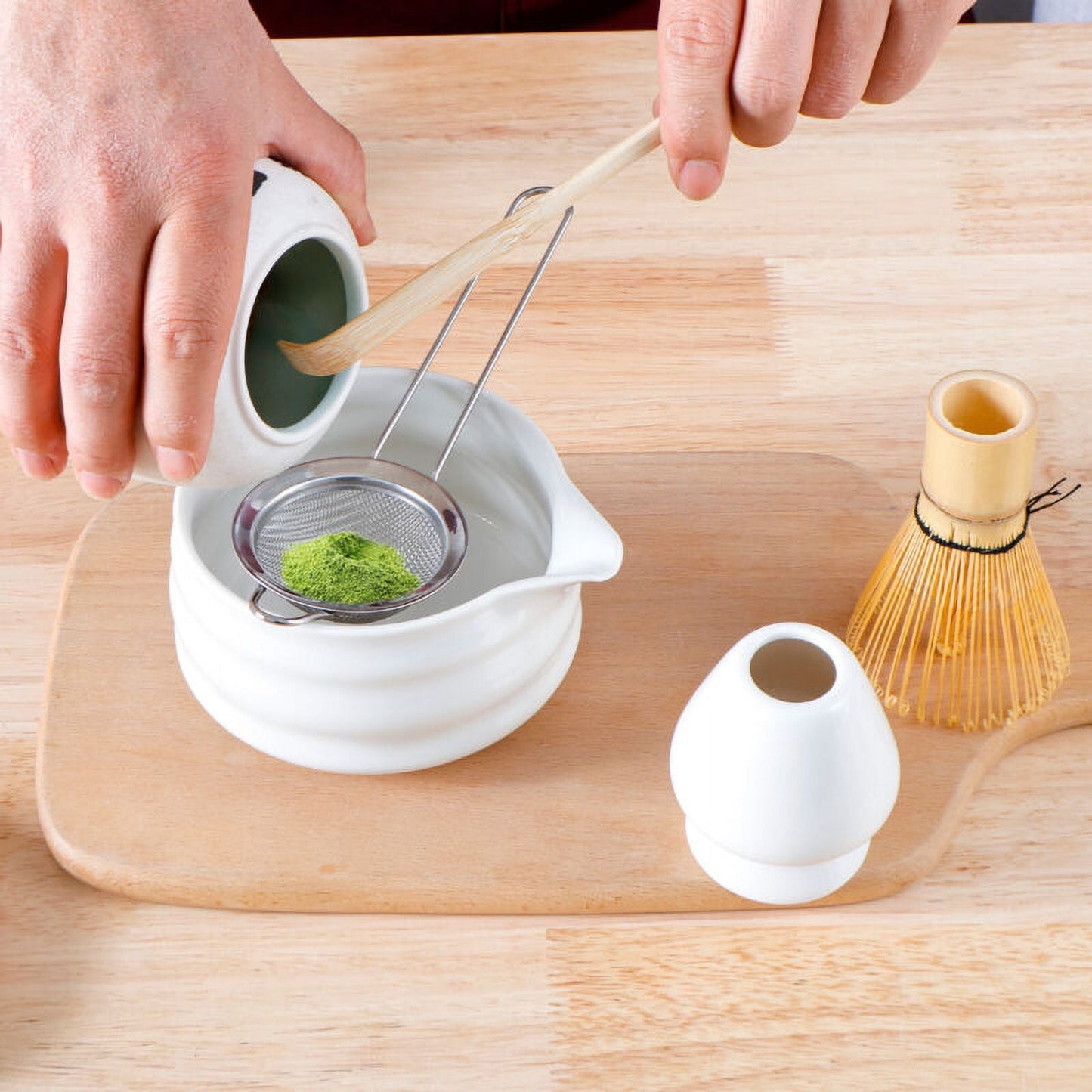 Ihvewuo Matcha Whisk Set Ceramic Matcha Bowl with Pouring Spout Matcha Bamboo Whisk Stainless Sifter Ceramic Whisk Holder Bamboo Scoop Exquisite Matcha Kit for Matcha Tea Culture (5pcs)