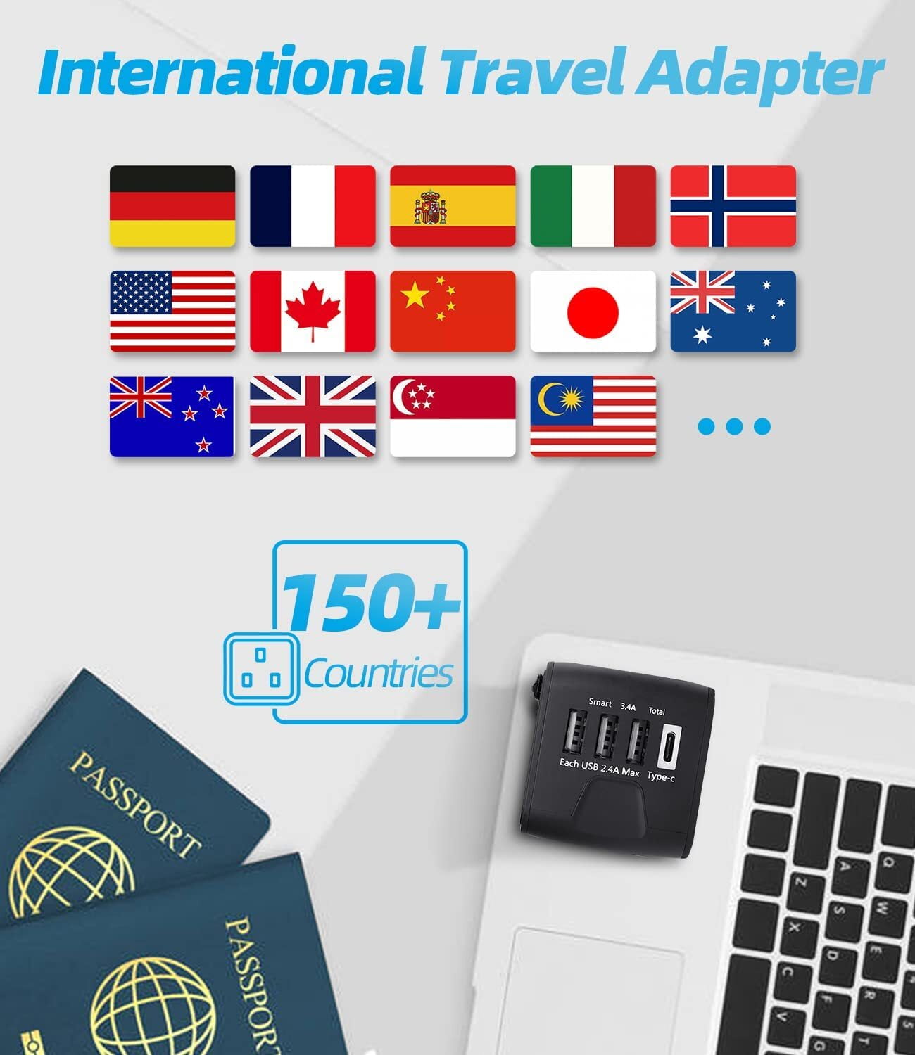 Universal Travel Adapter, Meromore European Travel Plug Adapter with Type C, Black