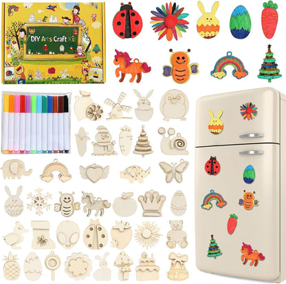 36 Pcs Wooden Magnets, DIY Creativity Art Craft Supplies Painting Kit for Kids Party Favors, Decorate Your Own Painting Gift for Ages 4-8 8-12, Birthday Easter Gifts Basket Goodie Bag Stuffers