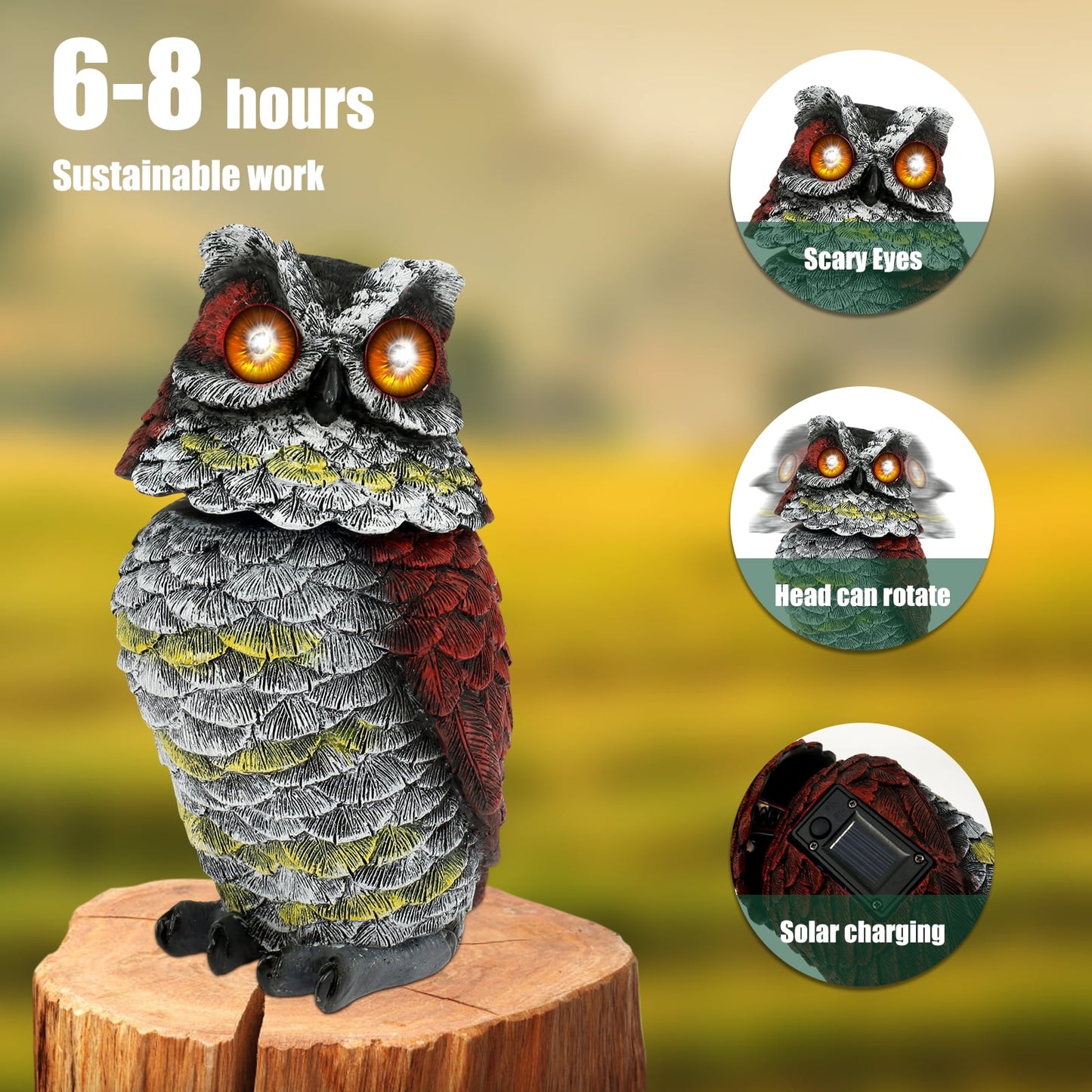 Toorise 1PC Solar Owl with Flashing Eyes and Rotating Head Realistic Solar Powered Garden Owl Resin Owl Statue Waterproof Solar Owl Decoys to Scare Birds Away
