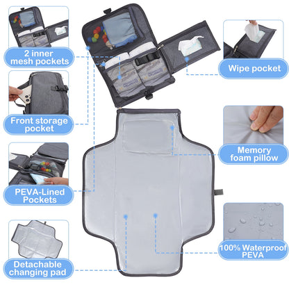 FVLOENG Baby Portable Changing Pad - Waterproof Travel Diaper Changing Pad for Newborn , Wipes Pocket Mat Foldable & Detachable Diaper Bag Tote, Changing Pad Cover Station Shower Gifts (Dark gray)