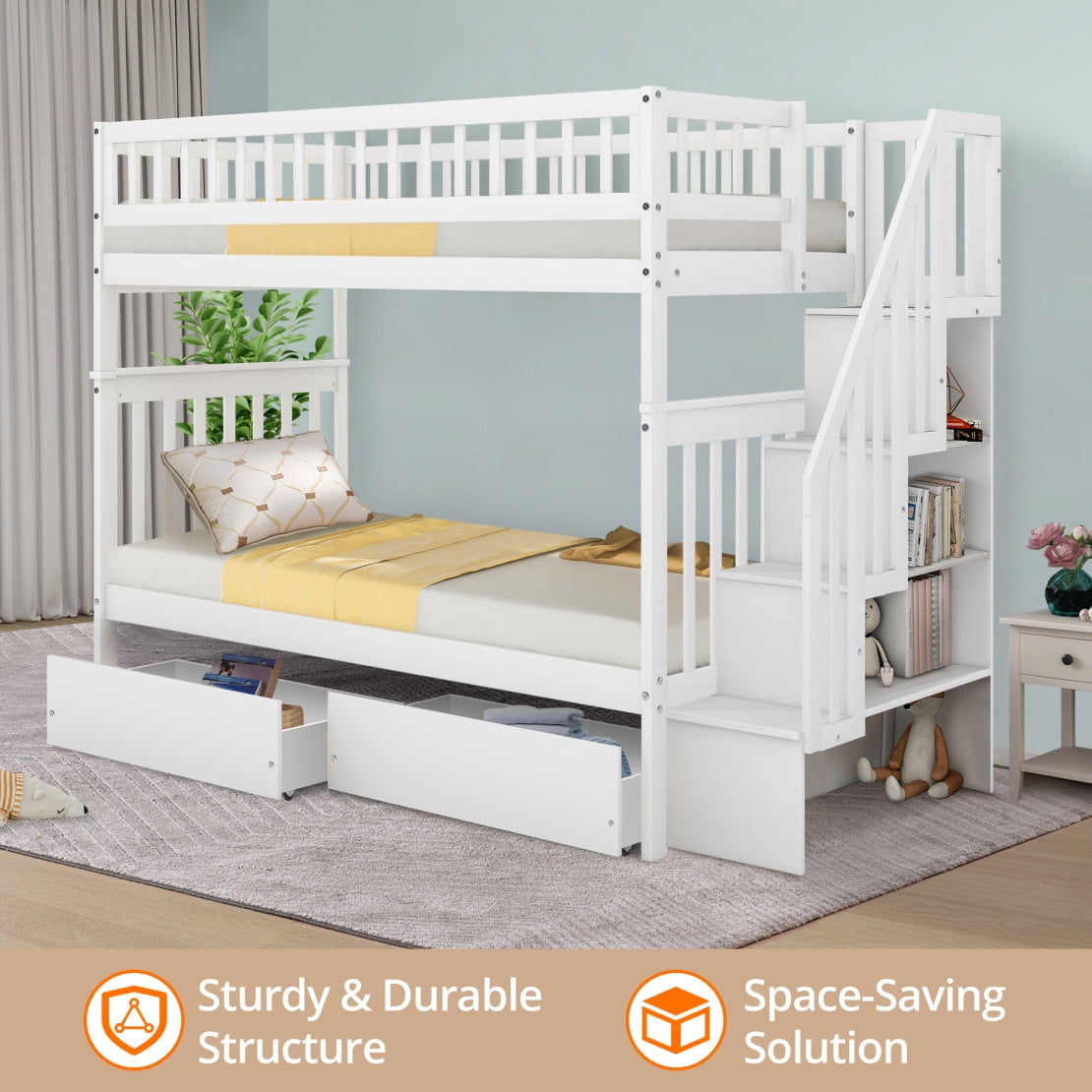 Twin over Twin Bunk Bed with 2 Drawers and Staircases, Wood Bunk Bed Frame with Safety Rails for Kids Teens Adults, Bunk Bed Frame Convertible into 2 Beds, White