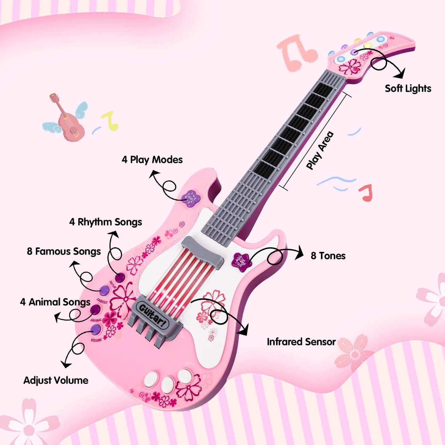 AIMEDYOU Kids Guitar for Girls Music Toys Guitar for Kids Toddler Electric Guitar with Strap Kids Pink Guitar Musical Instrument Toys for 3 4 5 Year Old Girls Gifts