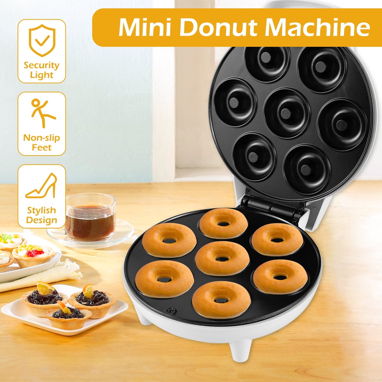 Qenwkxz Mini Doughnut Maker 1200W Non-Stick Donut Maker Machine 7 Holes Round Electric Donut Maker with Anti Slip Feet Minimalist Portable Donut Maker Easy Release for Breakfast Kitchen