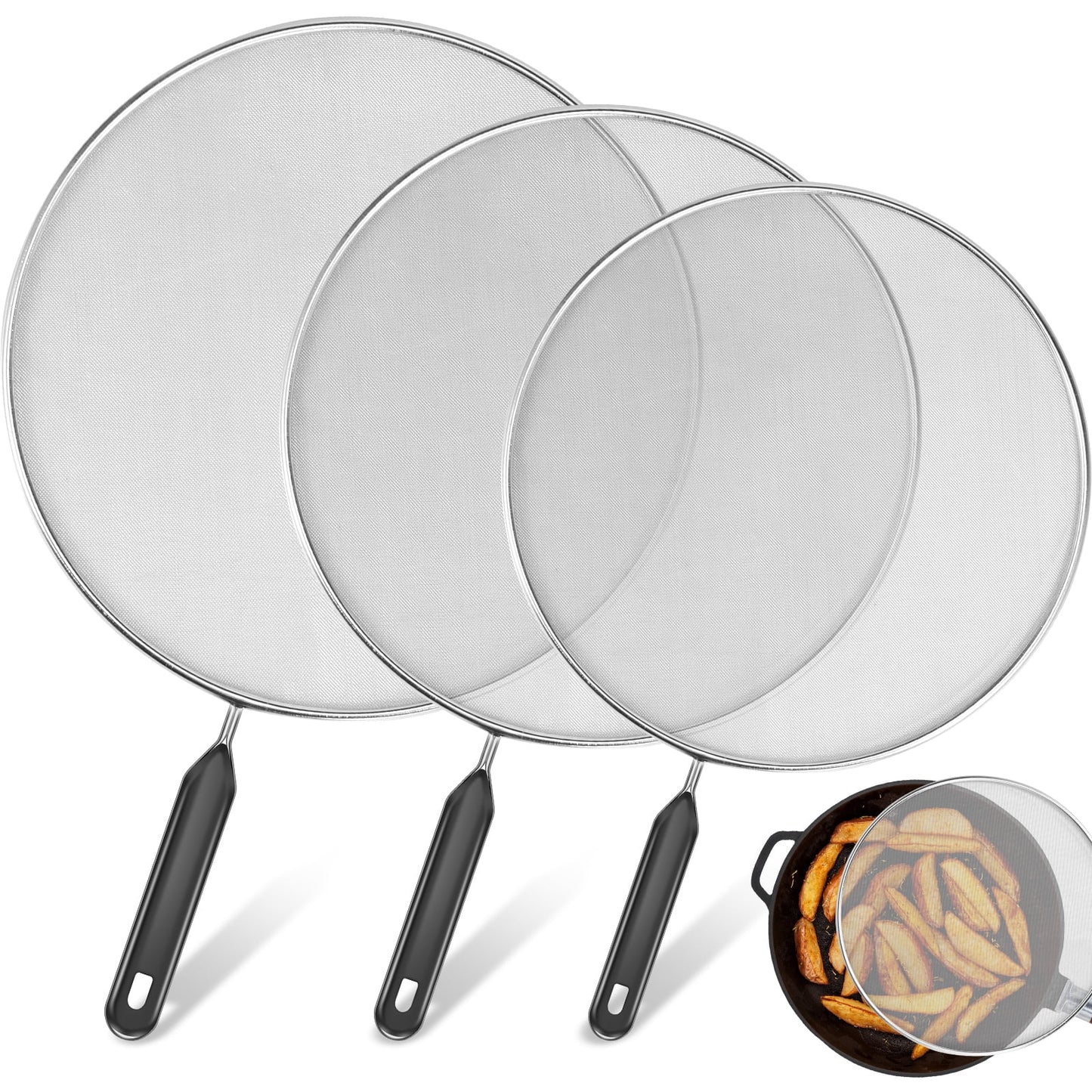 3Pcs Splatter Guard with Handle Stainless Steel Mesh Splatter Screen Splash-Proof Oil Splatter Guard Temperature Resistant Splatter Screen Strainer 9.8 in+11.4 in+13 in for Cooking Frying Pan