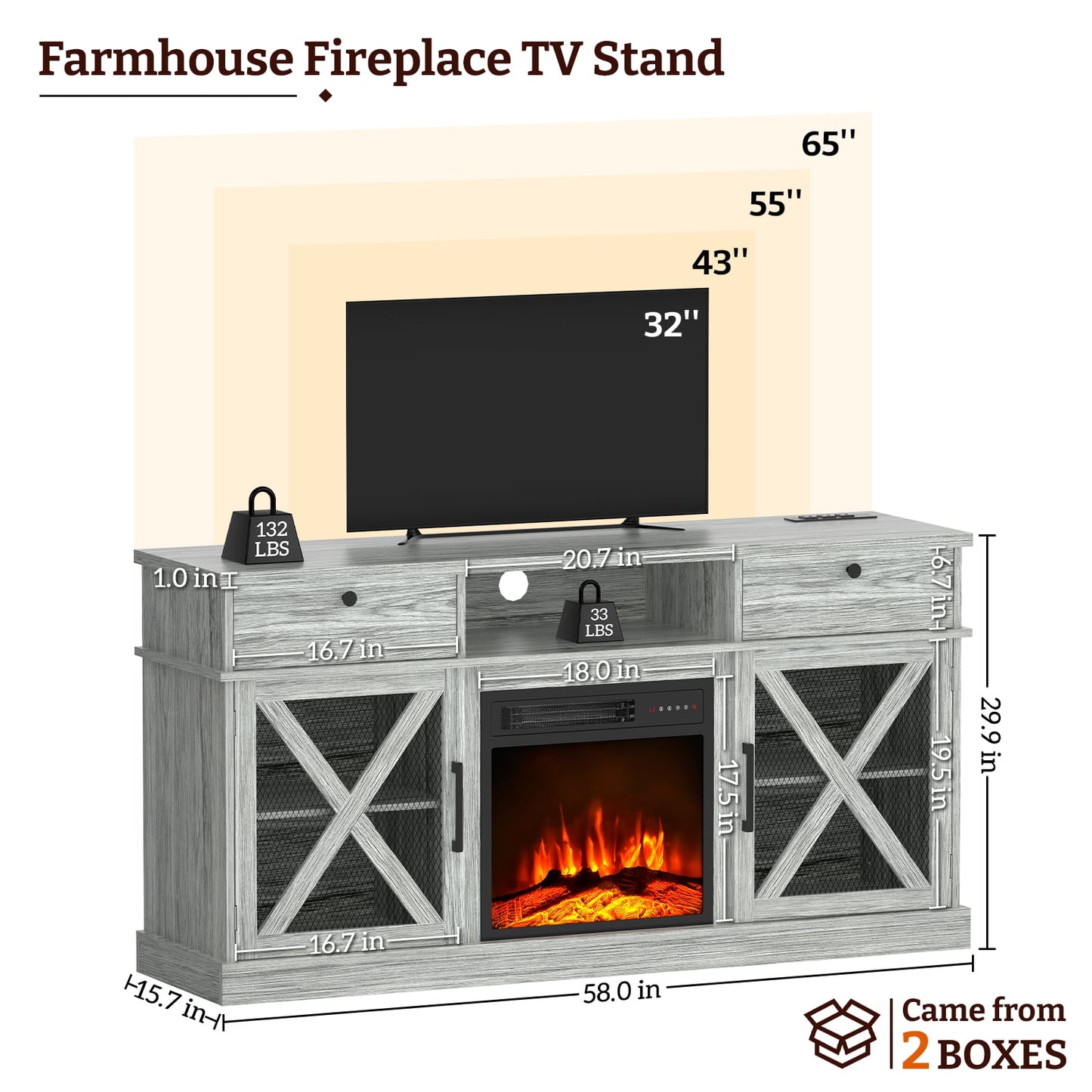 BREEZEHEAT 58" Farmhouse Fireplace TV Stand with 18" Electric Fireplace for TVs up to 65''
