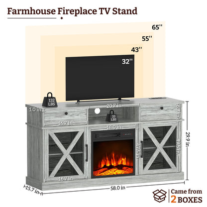 BREEZEHEAT 58" Farmhouse Fireplace TV Stand with 18" Electric Fireplace for TVs up to 65''