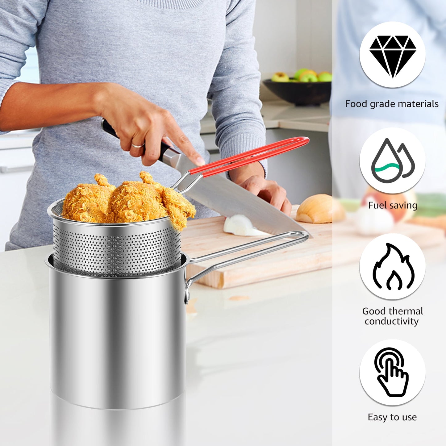 Evjurcn Deep Fryer with Strainer Basket and Handle Stainless Steel Fry Pot Durable Food Grade Outdoor Fryer with Lid Portable Food Cooking Pot for Frying Fish Shrimp Chicken and Fries