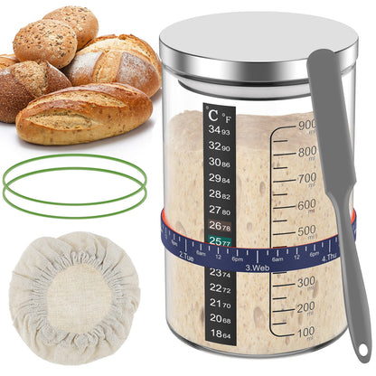 Wekvgz 5pcs Sourdough Starter Jar Kit with Scale 900ml Large Capacity Sourdough Starter Container with Stainless Steel Lid Spatula Feeding Band Reusable Glass Sourdough Fermentation Jar for Baking