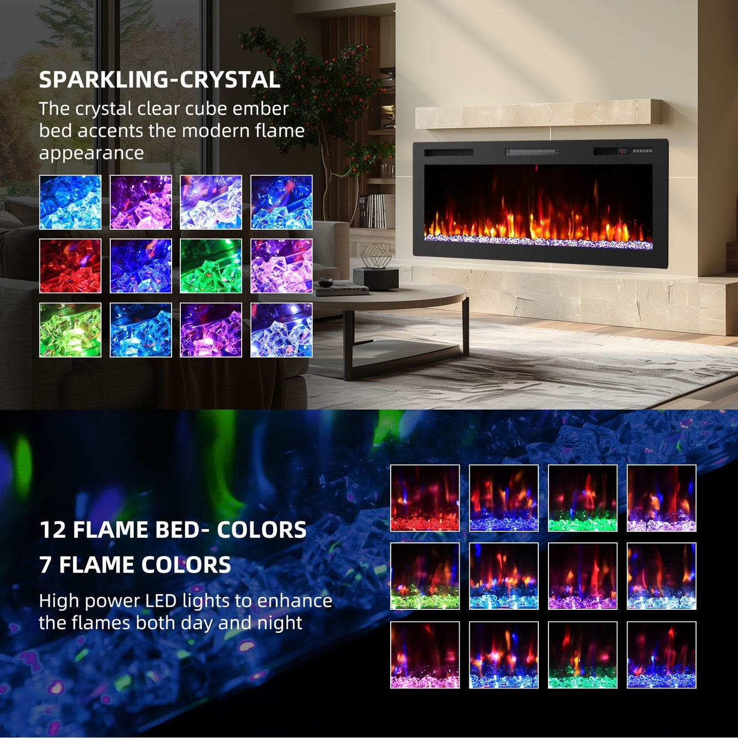 BREEZEHEAT 50 inch Electric Fireplace in-Wall Recessed and Wall Mounted Fireplace Heater,Linear Fireplace with Multicolor Flame,Timer,Low Noise,750/1500W,Remote Control