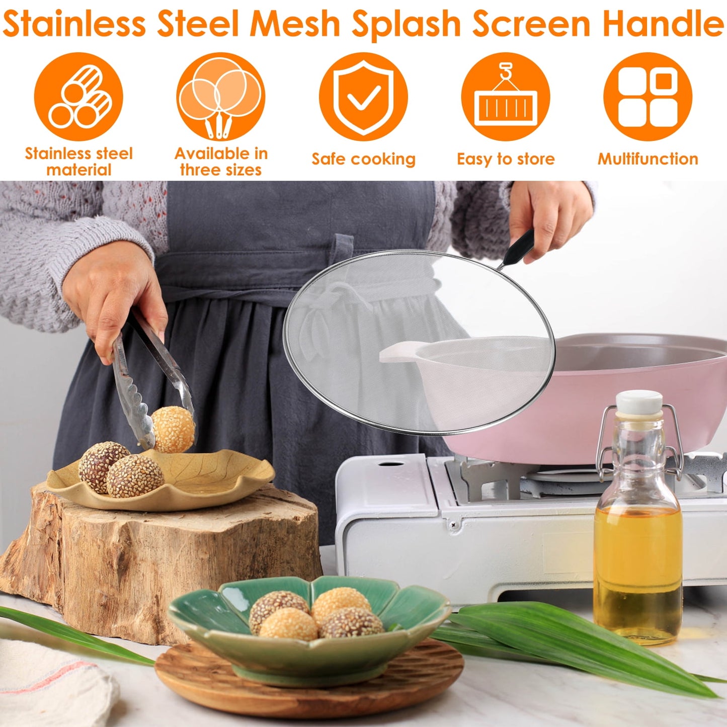 3Pcs Splatter Guard with Handle Stainless Steel Mesh Splatter Screen Splash-Proof Oil Splatter Guard Temperature Resistant Splatter Screen Strainer 9.8 in+11.4 in+13 in for Cooking Frying Pan
