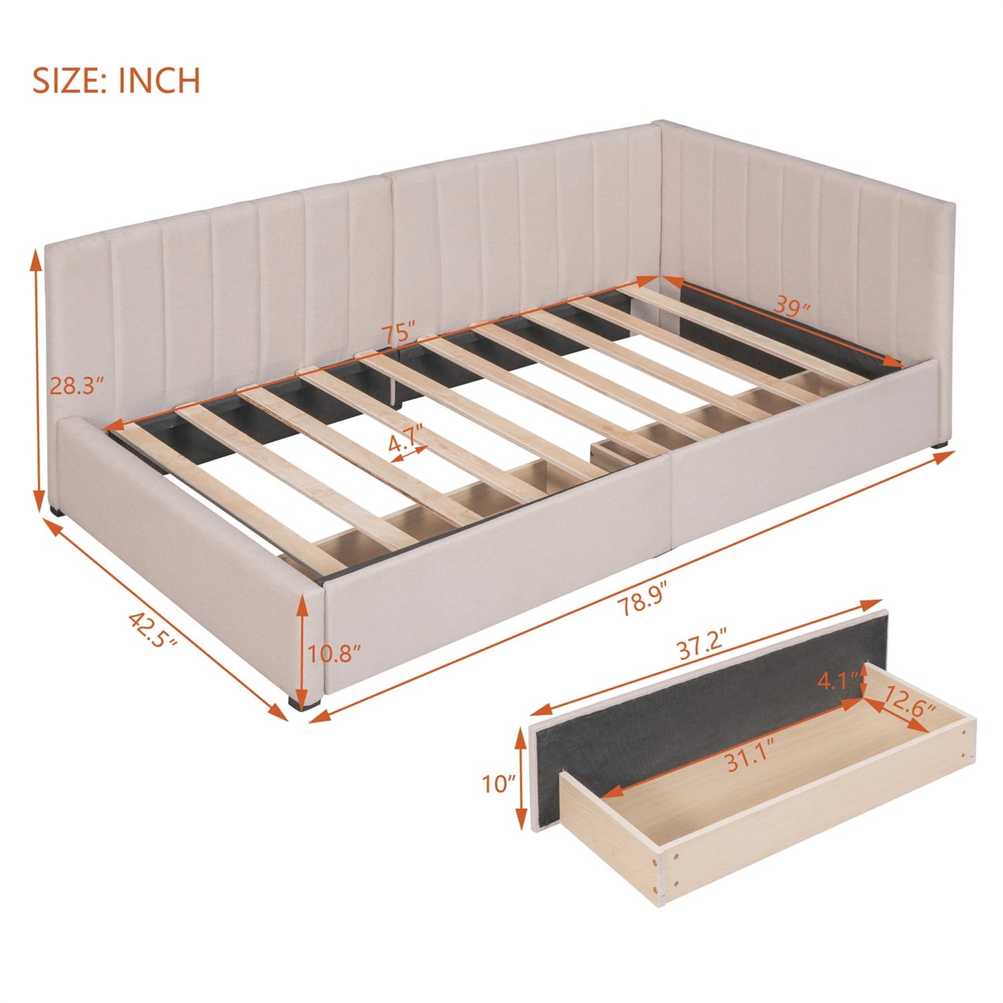 Upholstered Daybed with 2 Storage Drawers, Twin Size Sofa Bed Frame with 10 Wood Slats Support, Solid Wood Platform Bed Frame for Bedroom Living Room, No Box Spring Needed, Linen Fabric (Beige)