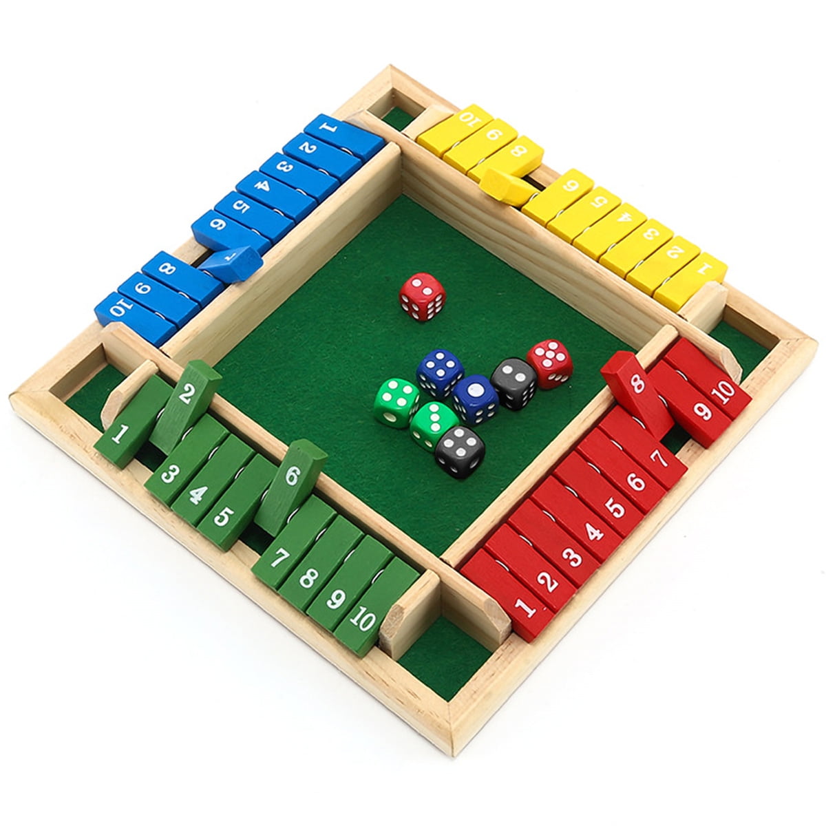 Hvxrjkn 4 Player Shut the Box Set Wooden Interactive Shut the Box Dice Game with Digital Numbers Non-Burr Four-Sided Flop Games Toy for KTV Bar Club Party 9 inch