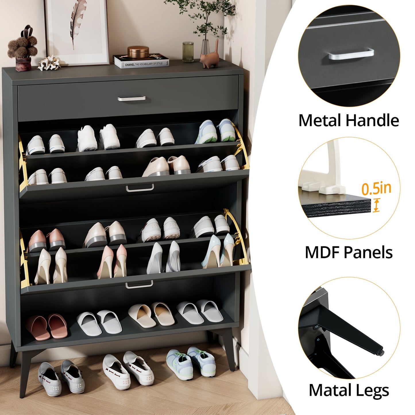 Shoe Cabinet with 2 Flip Drawers and Open Shelf,Free Standing Shoe Racks Storage Cabinet with Metal Legs,Shoe Organizer Entrance Shoe Storage Cabinet Narrow Closet for Entryway Hallway,Antique Gray