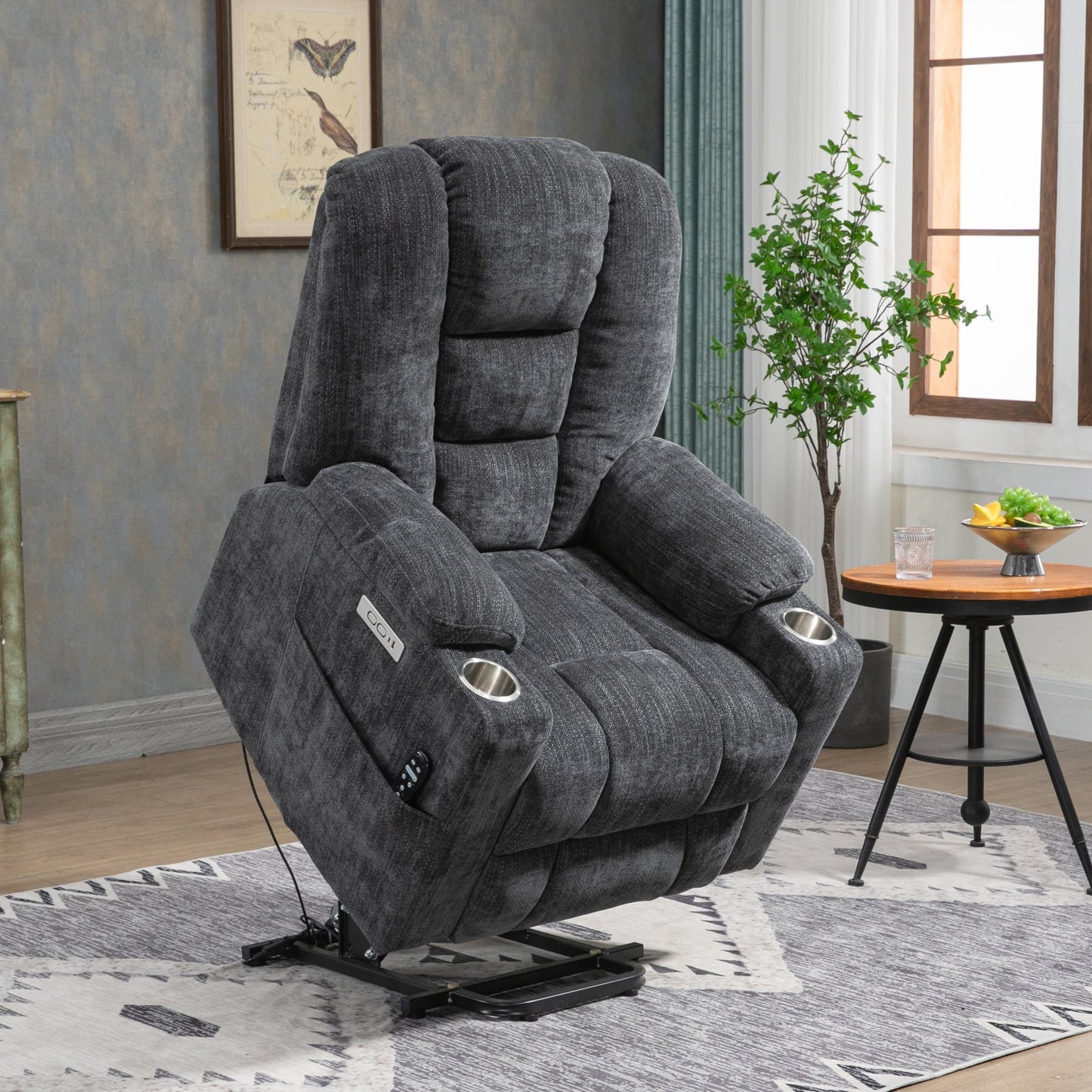 Large Overstuffed Wide Power Lift Recliner Chair with Massage and Heat for Elderly, Recliner with USB and Type C Ports for Bedroom, Grey