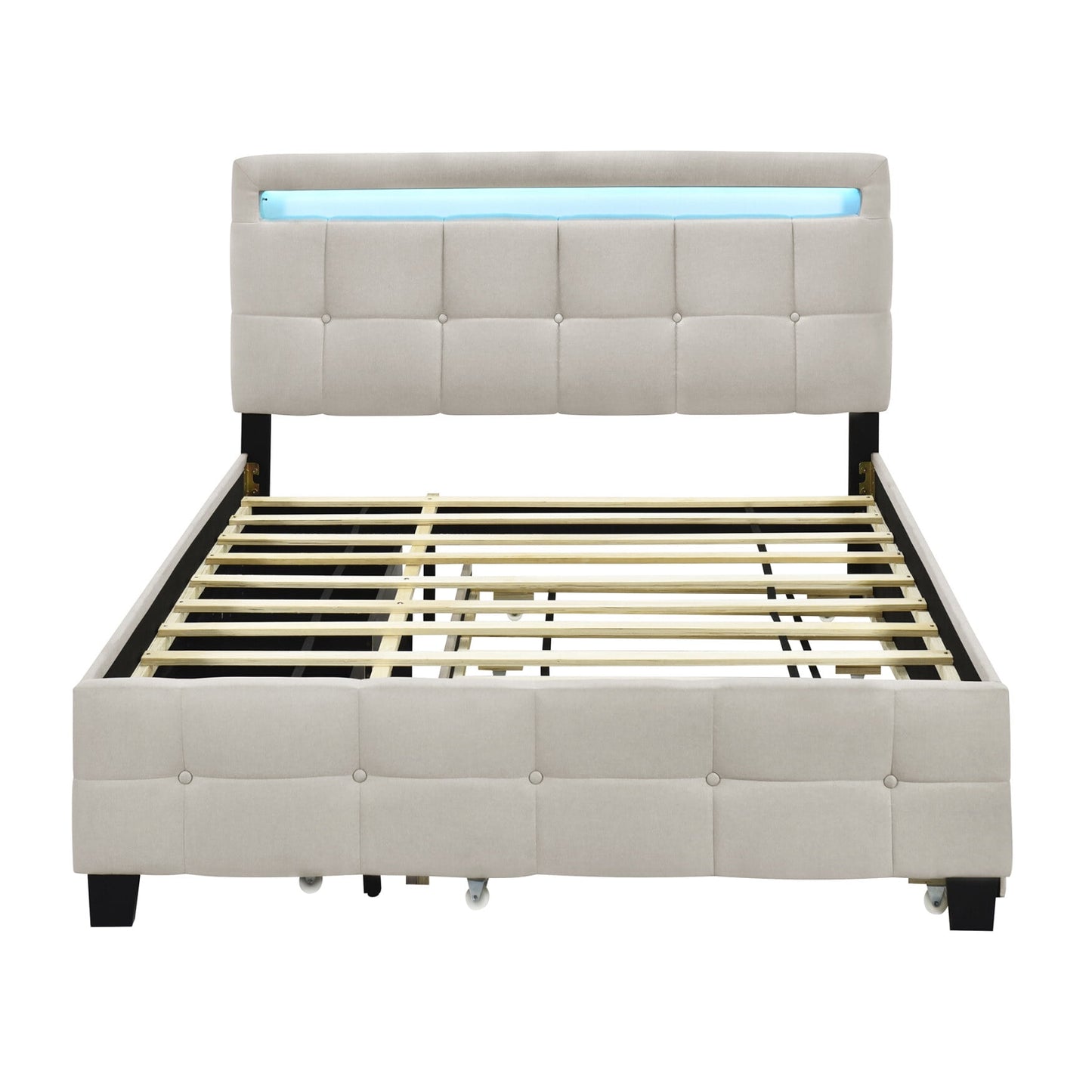 Queen Size Platform Bed, Modern Upholstered Bed Frame with LED Frame, Twin Size Trundle and 2 Drawers, Multifunction Linen Fabric Storage Bed, No Box Spring Needed, Beige