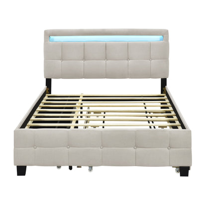 Queen Size Platform Bed, Modern Upholstered Bed Frame with LED Frame, Twin Size Trundle and 2 Drawers, Multifunction Linen Fabric Storage Bed, No Box Spring Needed, Beige