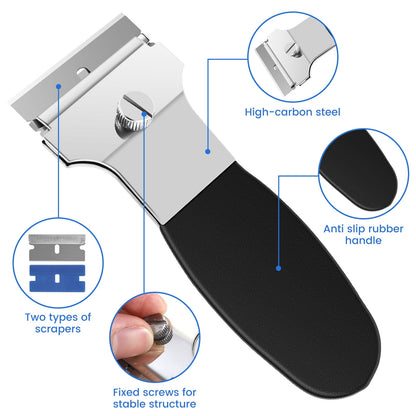 OKYMOTOR 4Pcs Razor Blade Scraper Set 4inch Multi-Purpose Scraper Cleaning Tool with 20 Metal and 20 Plastic Blades Mini Portable Cleaning Remover Tool for Glass Stovetop Sticker Tile