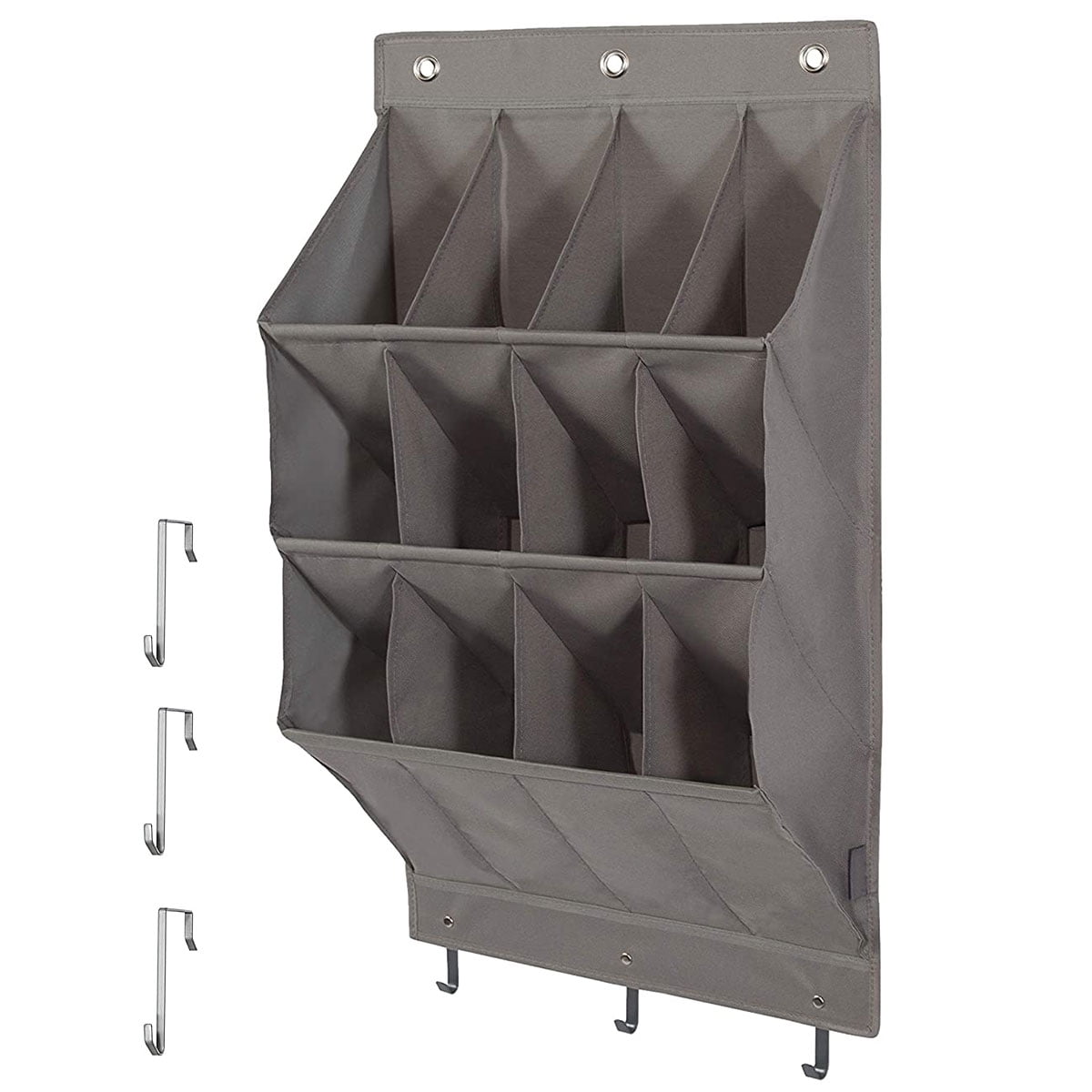 Tcwhniev 12 Pockets Over the Door Shoe Organizer Storage Bag, Hanging Shoe Rack Holder, Wall Mounted Shoe Hanger with 3 hooks, Gray