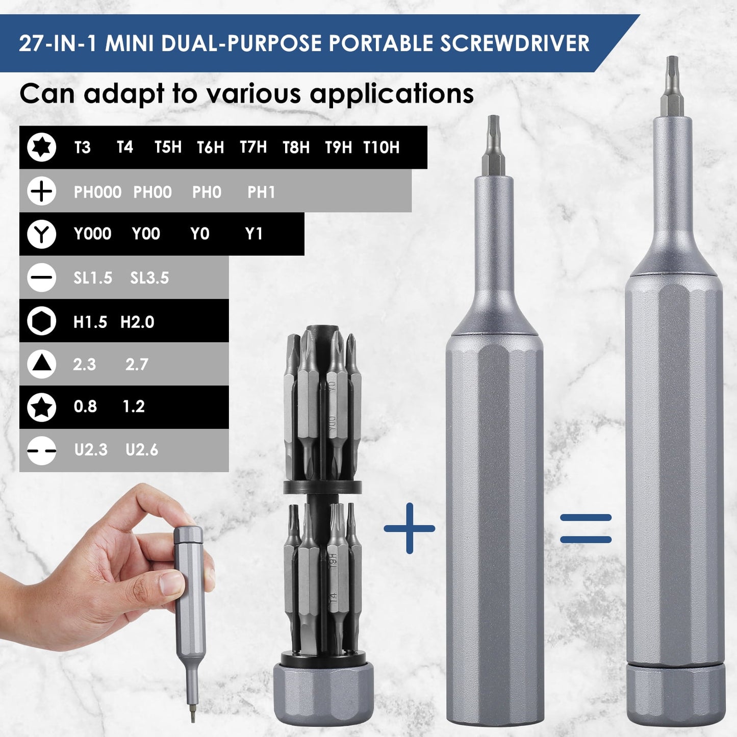 Txkrhwa 27-in-1 Precision Screwdriver Bits Set, Mini Screwdriver Set with 26 pcs Tough S2 Alloy Steel Bits, Manual Pen Shape Small Screwdriver, Phillips, Slotted, Square, Combo, Torx