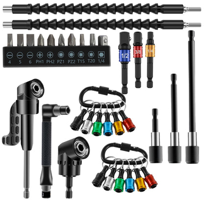 FUYGRCJ 33Pcs 1/4 Inch Hex Shank Screwdriver Bit Holder Metal Bit Holder Keychain Flexible Drill Bit Extension Kit with 105° Right Angle Drill Extension 1/4inch 3/8inch 1/2inch Socket Adapter