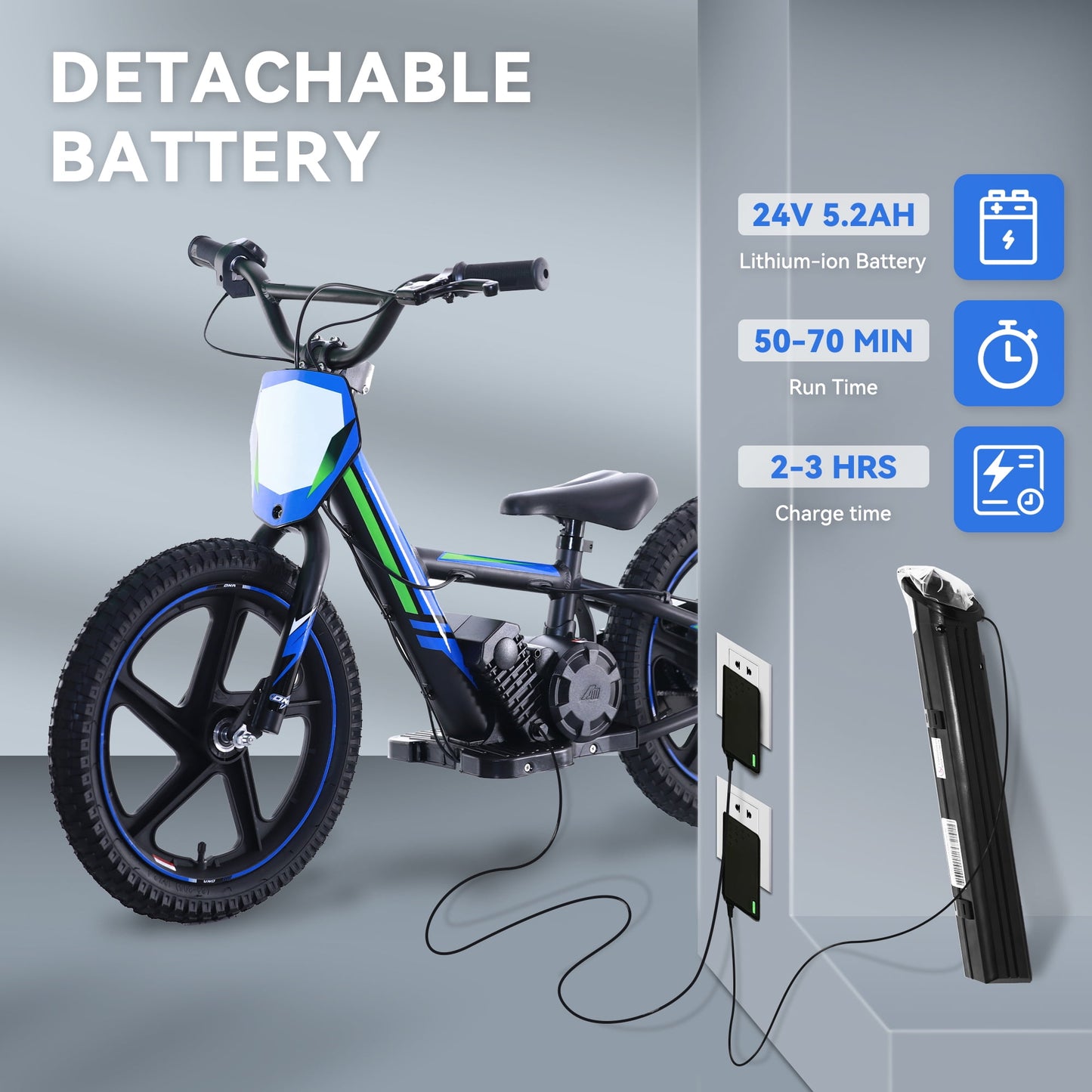 TUIBOKA Lightweight Electric Dirt Bike for Kids, 340W Racing Grade Electric Motorcycle for Ages 5-12, Detachable Battery, Brushless Motor, 3 Speed Modes, 16Inch Off Road Tires, Blue