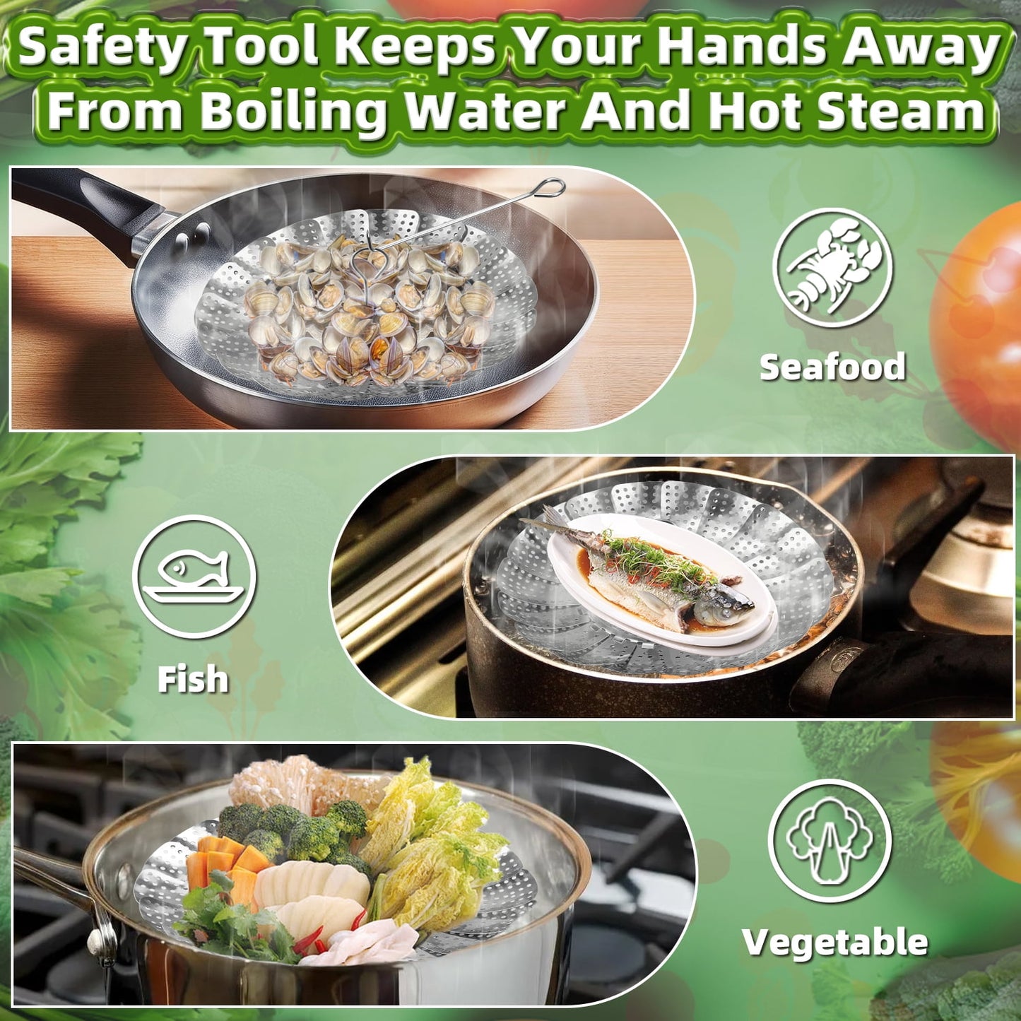 Vegetable Steamer Basket for Instant Pot Accessories Stainless Steel Steamer for Food with Vegetable Peeler Folding Expandable Steamers to Fit Various Size Pot with Safety Tool for Kitchen Tools