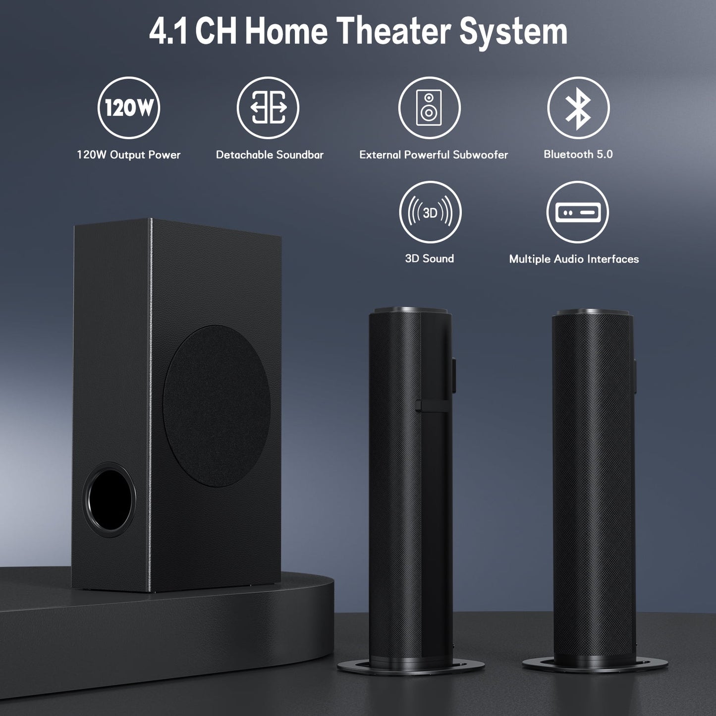 TOPVISION 4.1ch Soundbar with Subwoofer, 120w Separable Sound Bar for TV with 4 Drivers, USB/AUX/Coaxial/Optical/HDMI/Bluetooth Connect
