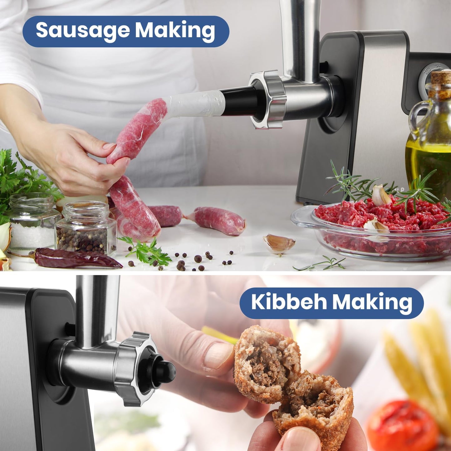 Electric Compact Meat Grinder for Home Use: Meat Mincer with 3 Plates, Blade, Sausage Stuffer, Kibbeh Kit, Stainless Steel Meat Grinder Machine Sausage Maker Kubbe Maker for Homemade Hamburger