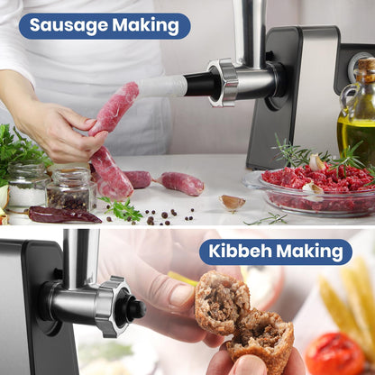 Electric Compact Meat Grinder for Home Use: Meat Mincer with 3 Plates, Blade, Sausage Stuffer, Kibbeh Kit, Stainless Steel Meat Grinder Machine Sausage Maker Kubbe Maker for Homemade Hamburger