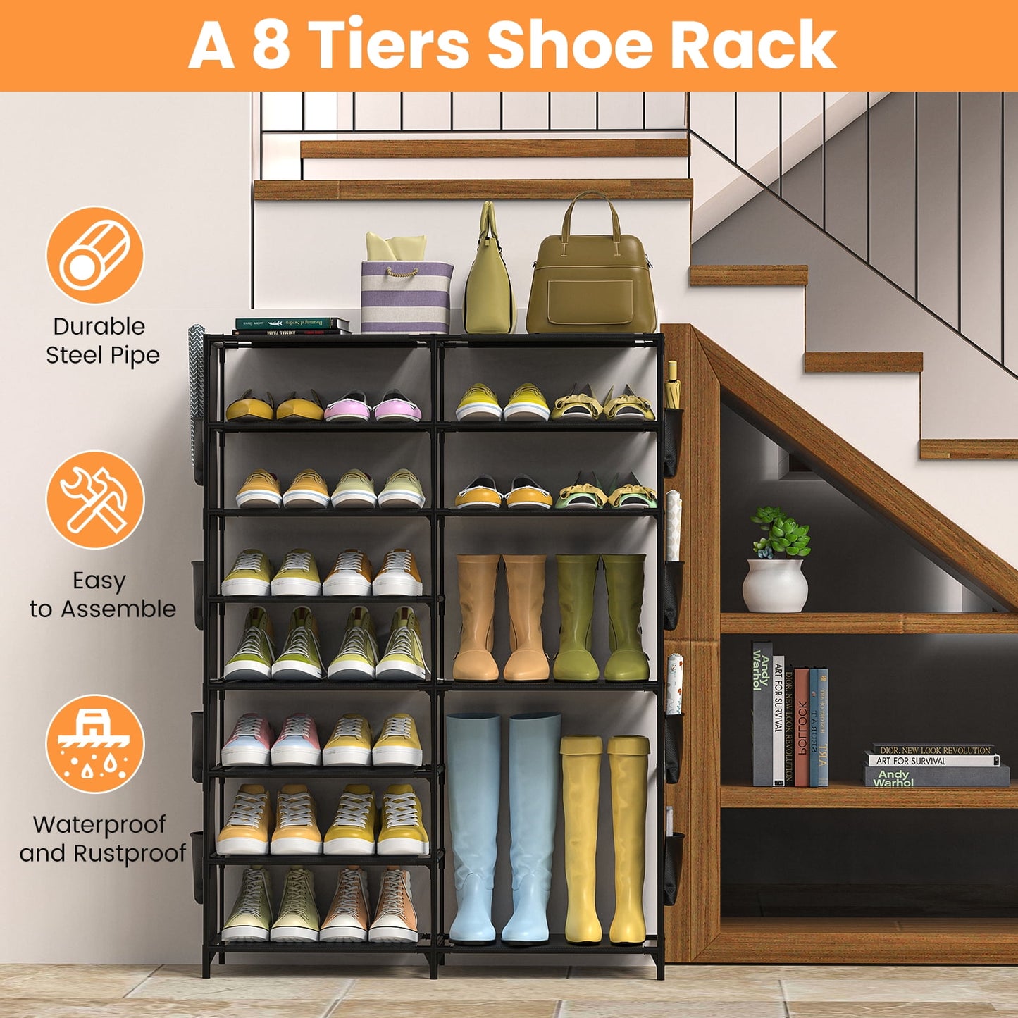 VAVSEA Shoe Rack, 8 Tier Large Shoe Organizer with 2 Side Pockets, Metal 22-26 Pairs Tall Shoe Storage Shelf, Shoe & Boots Cabinet for Closet Entryway Bedroom, Black