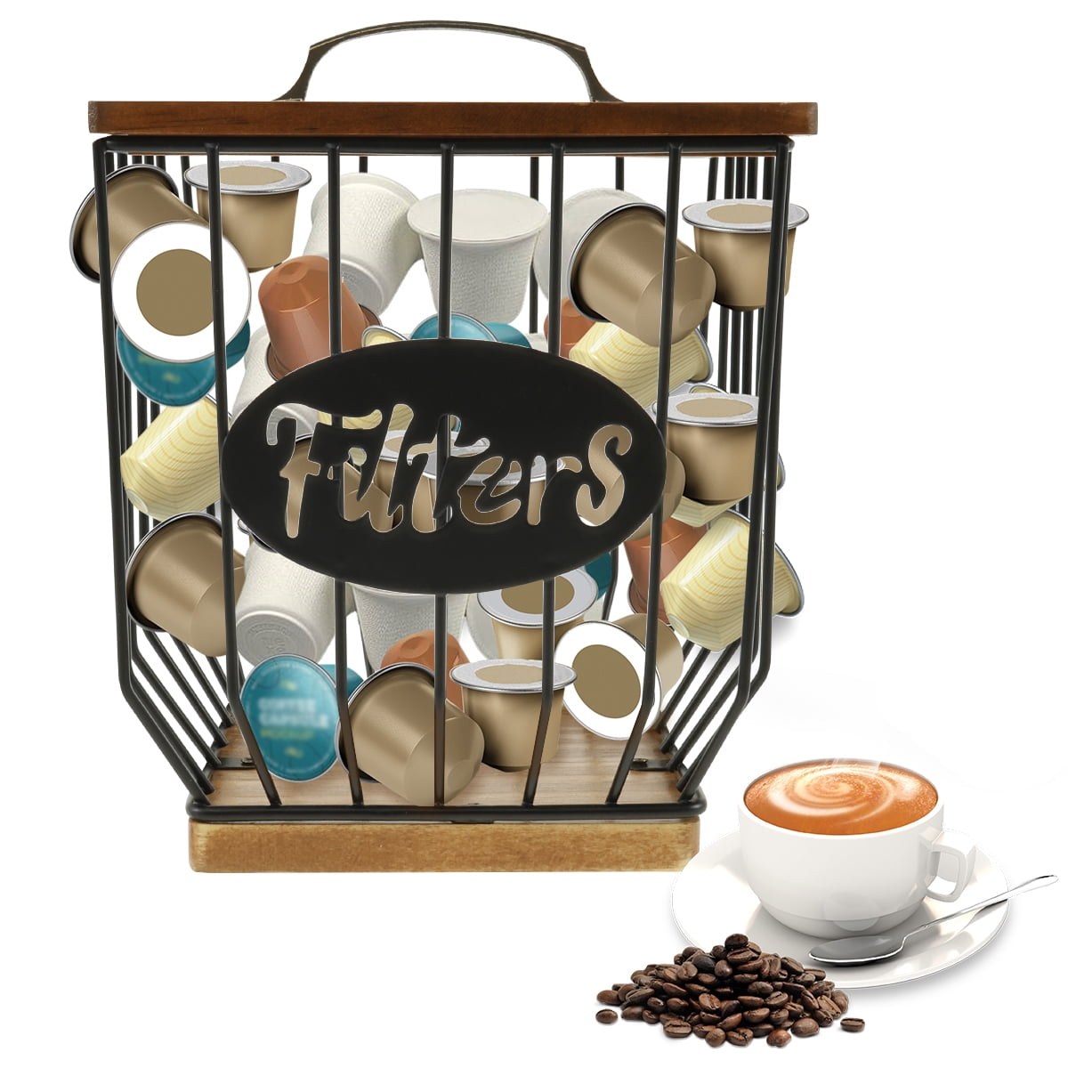 Txkrhwa K Cup Holder, Coffee Pod Holder Filters, Large Capacity Coffee Pod Filter Holder With Lid, Pod Organizer Filter Baskets with Durable Metal Wire & Wood Base