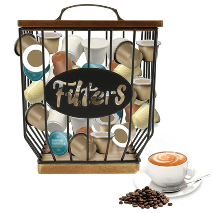 Txkrhwa K Cup Holder, Coffee Pod Holder Filters, Large Capacity Coffee Pod Filter Holder With Lid, Pod Organizer Filter Baskets with Durable Metal Wire & Wood Base