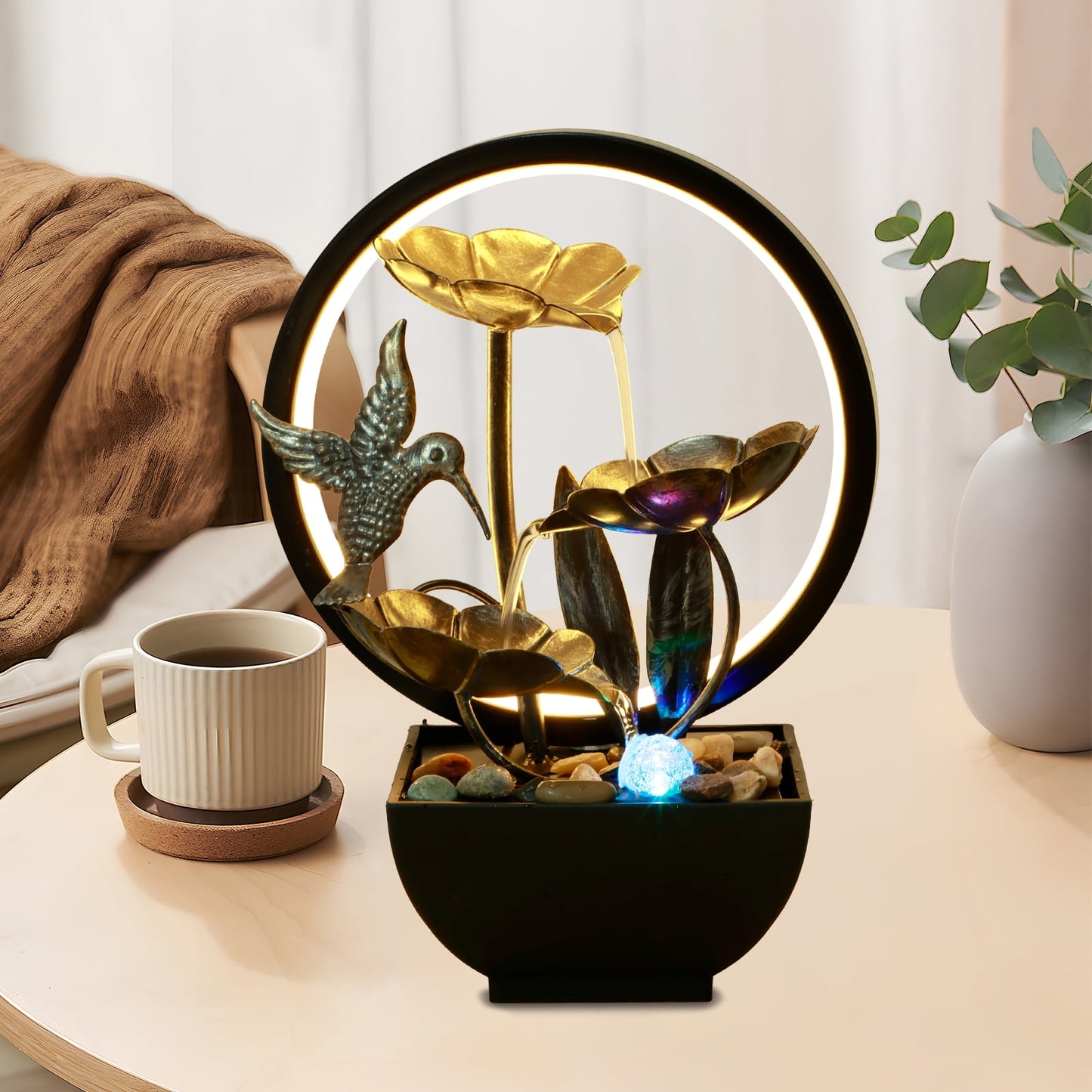 Pcapzz Tabletop Water Fountain USB Powered Tabletop Fountain with Natural Rocks and LED Ring Lights Desktop Waterfall Fountain Tabletop Humidifier for Indoor