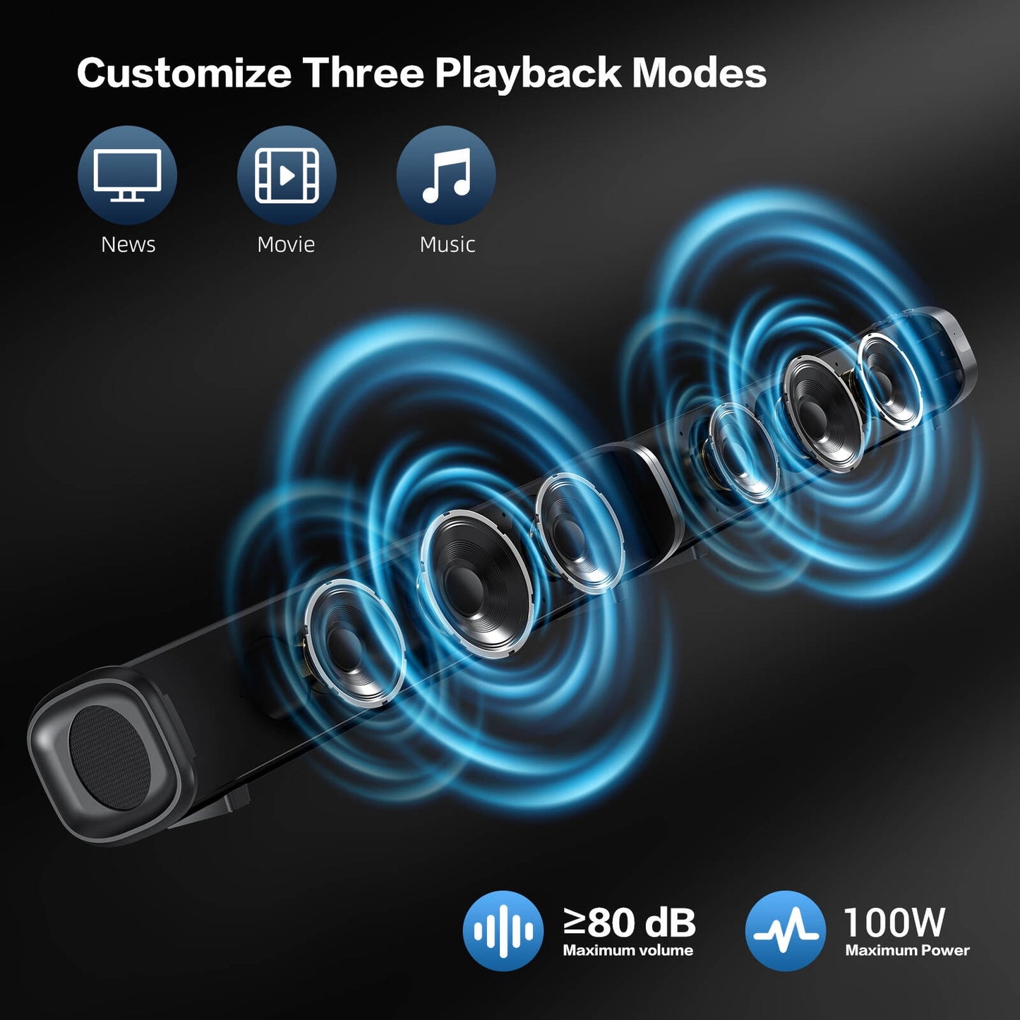 TOPVISION 2.2ch Soundbar with Subwoofer, 100W Home Theater System, 4 Drivers & 3 EQ Mode, 2 in 1 Detachable Design Sound Bar for TV, Wired/Wireless Connectivity HDMI-ARC/Optical/USB/AUX, SD03